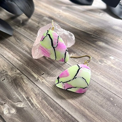 Big earrings green pink handcrafted