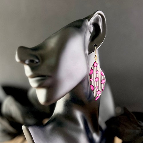 Large leaf earrings pink bubbles stripes