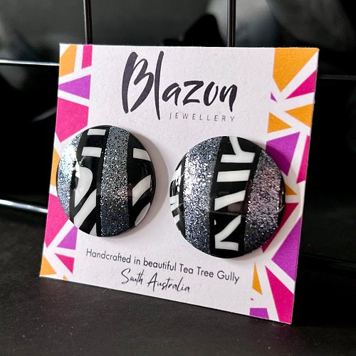 Large stud earrings silver black