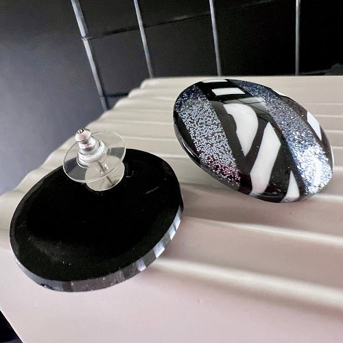 Large stud earrings silver black