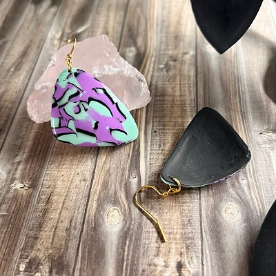 Large triangle earrings blue purple abstract