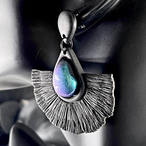 Large faux macrame earrings, black and blue-purple