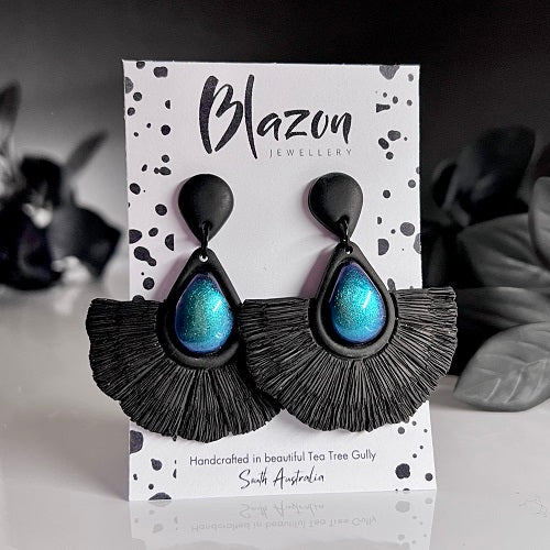 Large faux macrame earrings, black and blue-purple