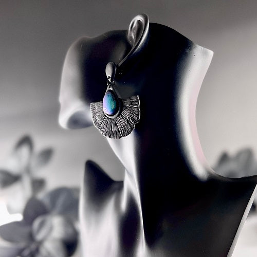 Large faux macrame earrings, black and blue-purple