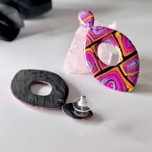 Large almonds, pink abstract swirl, handmade earrings