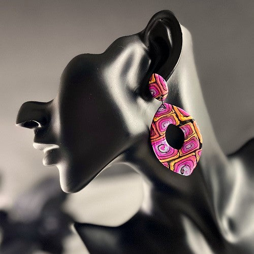 Large almonds, pink abstract swirl, handmade earrings