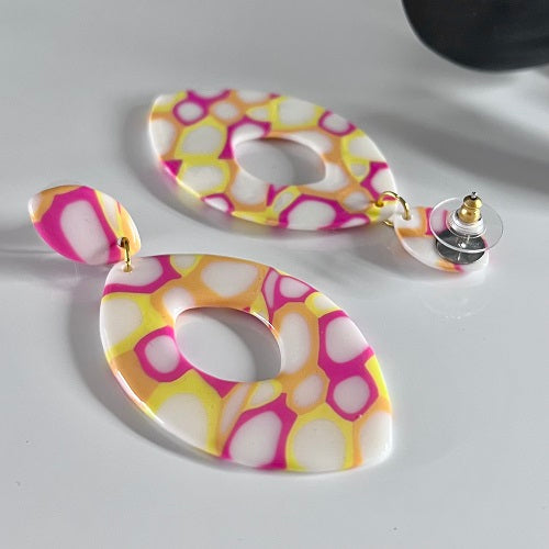 Large almonds, pink yellow orange abstract, handmade earrings