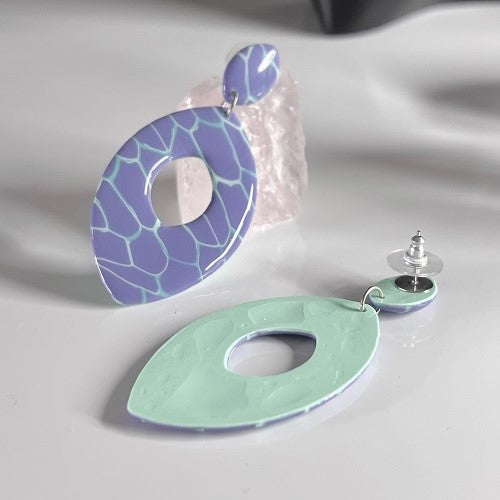 Large almonds, purple snakeskin abstract, handmade earrings