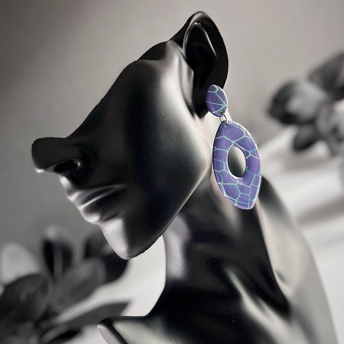 Large almonds, purple snakeskin abstract, handmade earrings