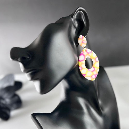 Large almonds, pink yellow orange abstract, handmade earrings