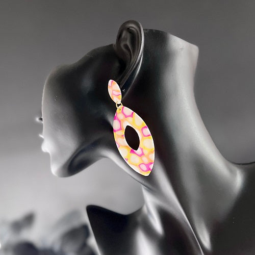 Large almonds, pink yellow orange abstract, handmade earrings