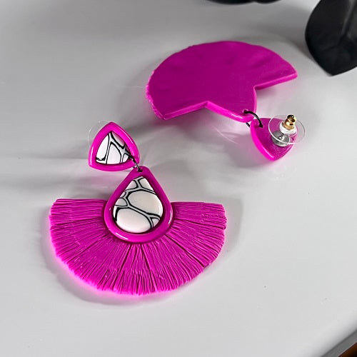 Large faux macrame earrings, hot pink, black and white