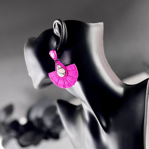 Large faux macrame earrings, hot pink, black and white