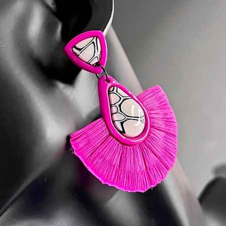Large faux macrame earrings, hot pink, black and white