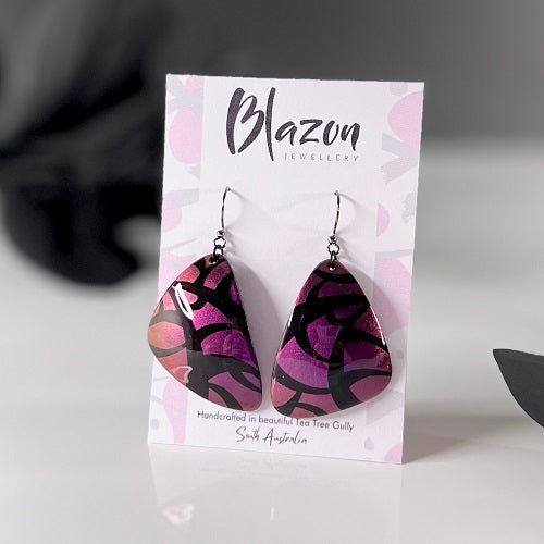 Chameleon dangle earrings gold red purple