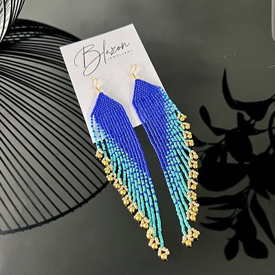Beaded fringe earrings blue aqua