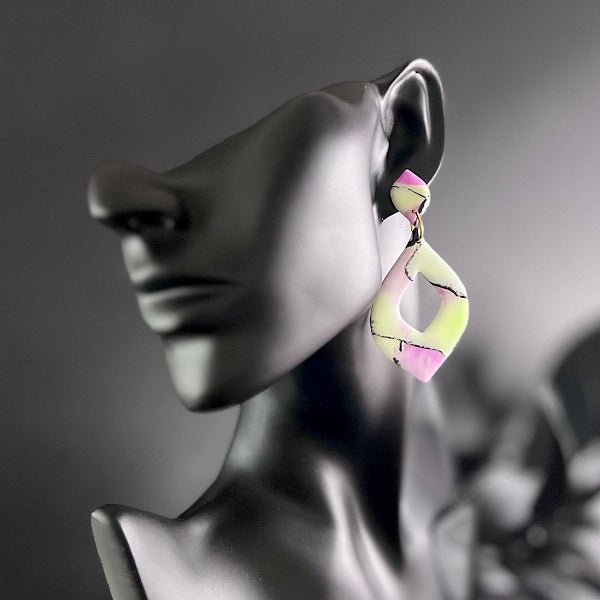 Big earrings green pink handcrafted