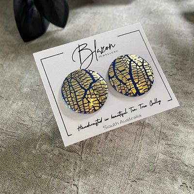 Big stud earrings blue gold foil