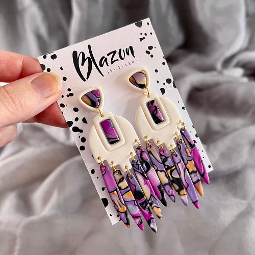 Extra large chandelier earrings, Aztec style, pink & purple