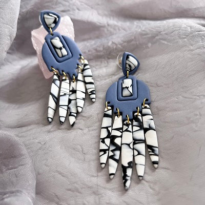 blue white marble chandelier earrings Aztec inlay