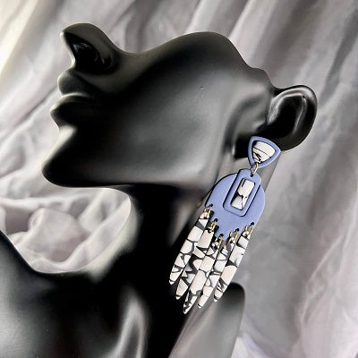 blue white marble chandelier earrings Aztec inlay