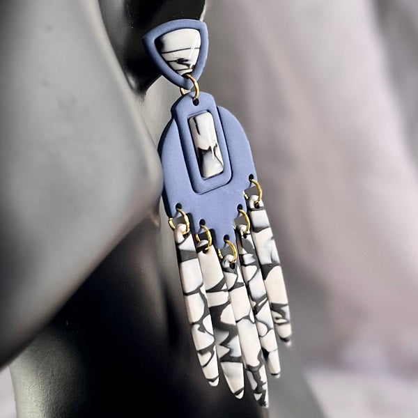 blue white marble chandelier earrings Aztec inlay