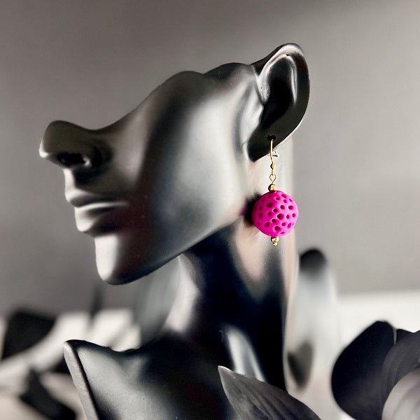 Drop earrings faux coral ball pink