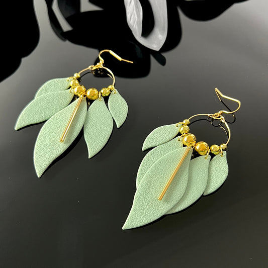 XL multi leaf chandelier dangles, sage green, gold shepherd hook, handmade earrings