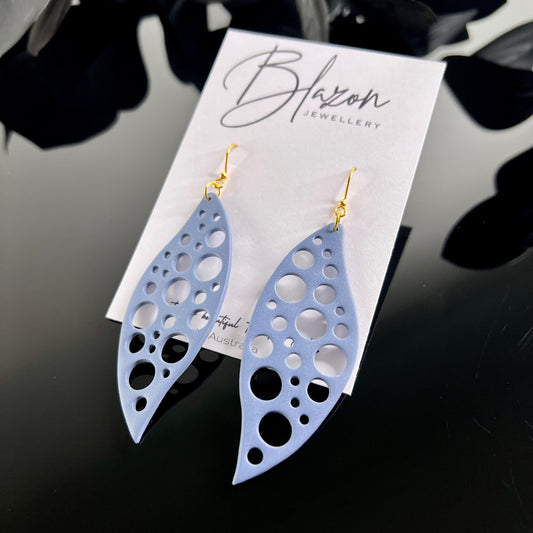 Extra large leaves, blue/grey Swiss Cheese design, dangle earrings