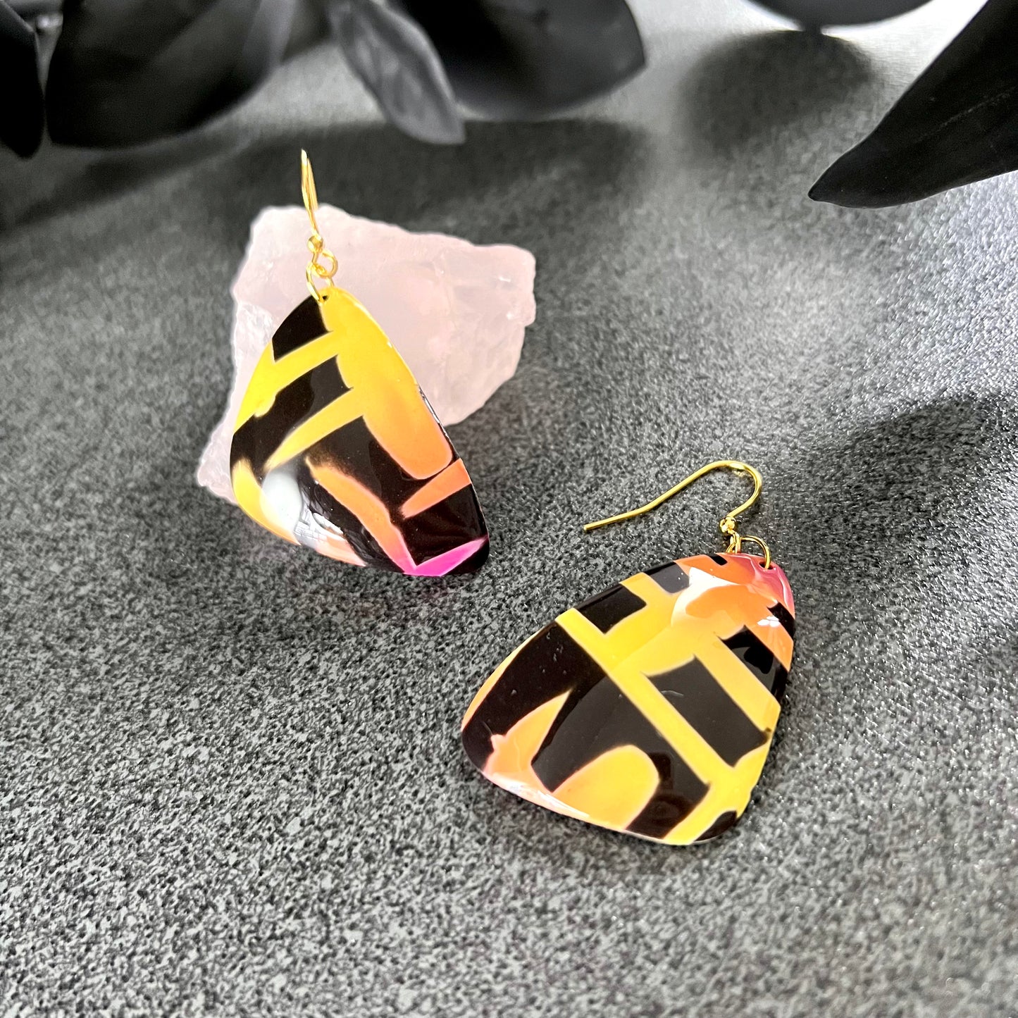 Large domed triangles, orange-yellow, crosshatch, handmade earrings
