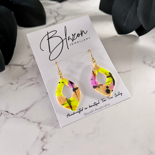 SML/MED teardrops, pink & neon yellow 90s abstract, handmade earrings