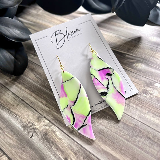 Extra large leaves, lime green, pink watercolour abstract, handmade earrings