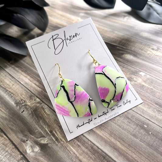 Large domed triangles, lime green, pink watercolour abstract, handmade earrings