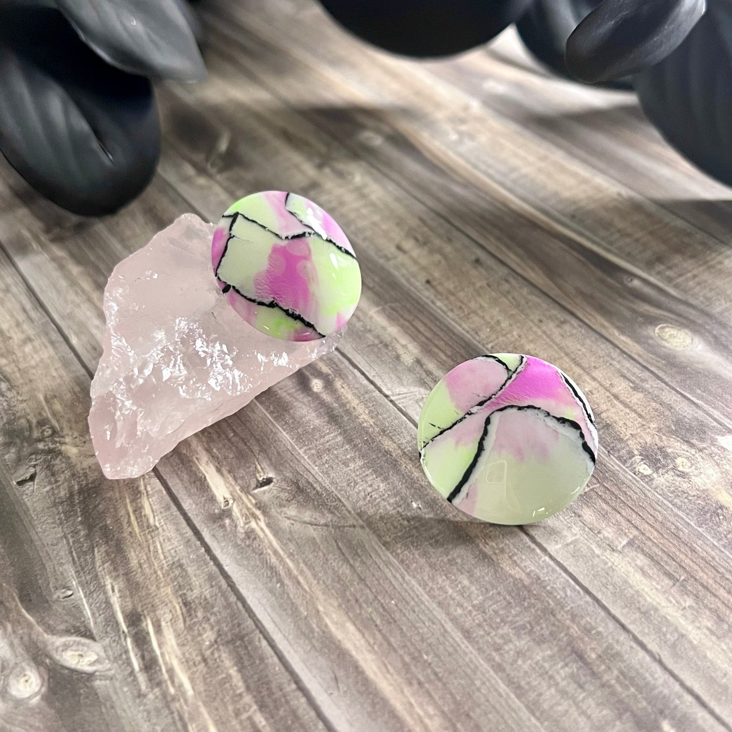 Large domed studs, lime green, pink watercolour abstract, handmade earrings