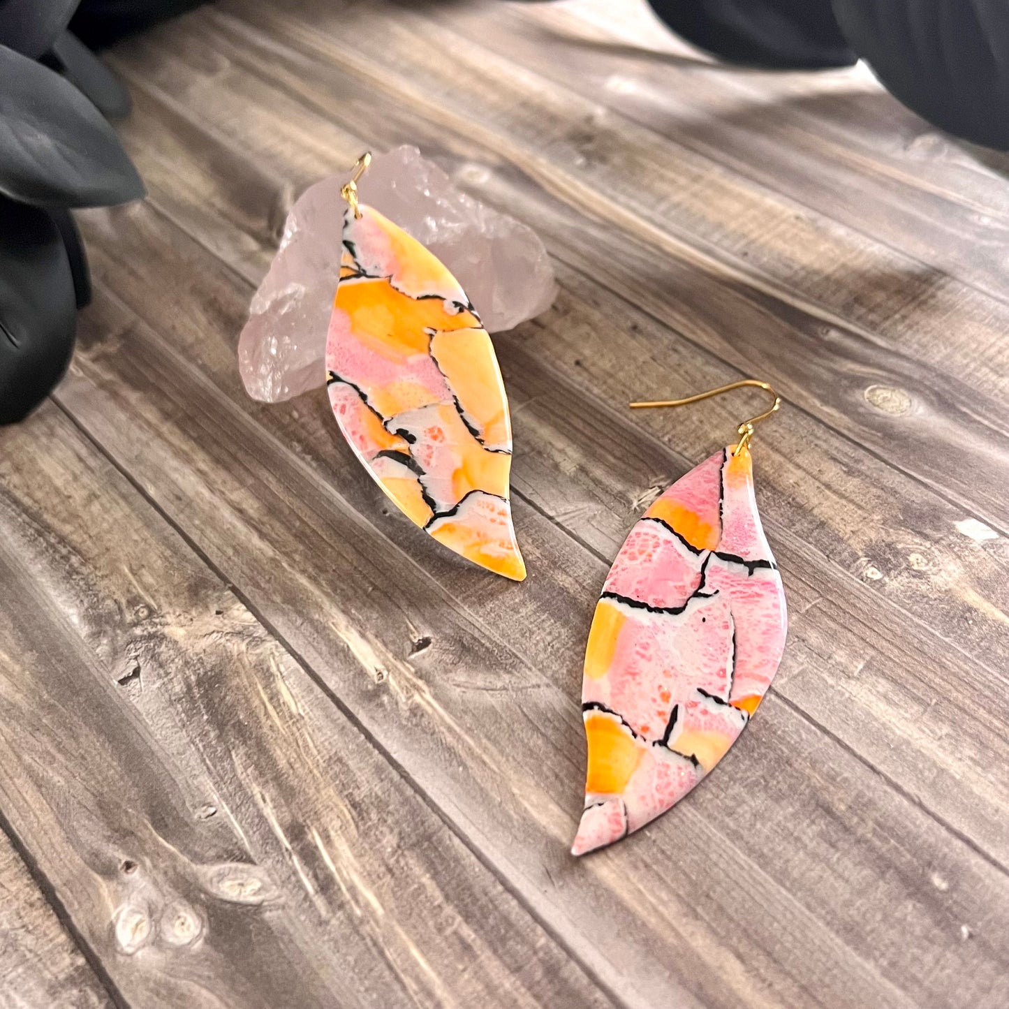 Extra large leaves, neon orange, pink glitter watercolour abstract, handmade earrings