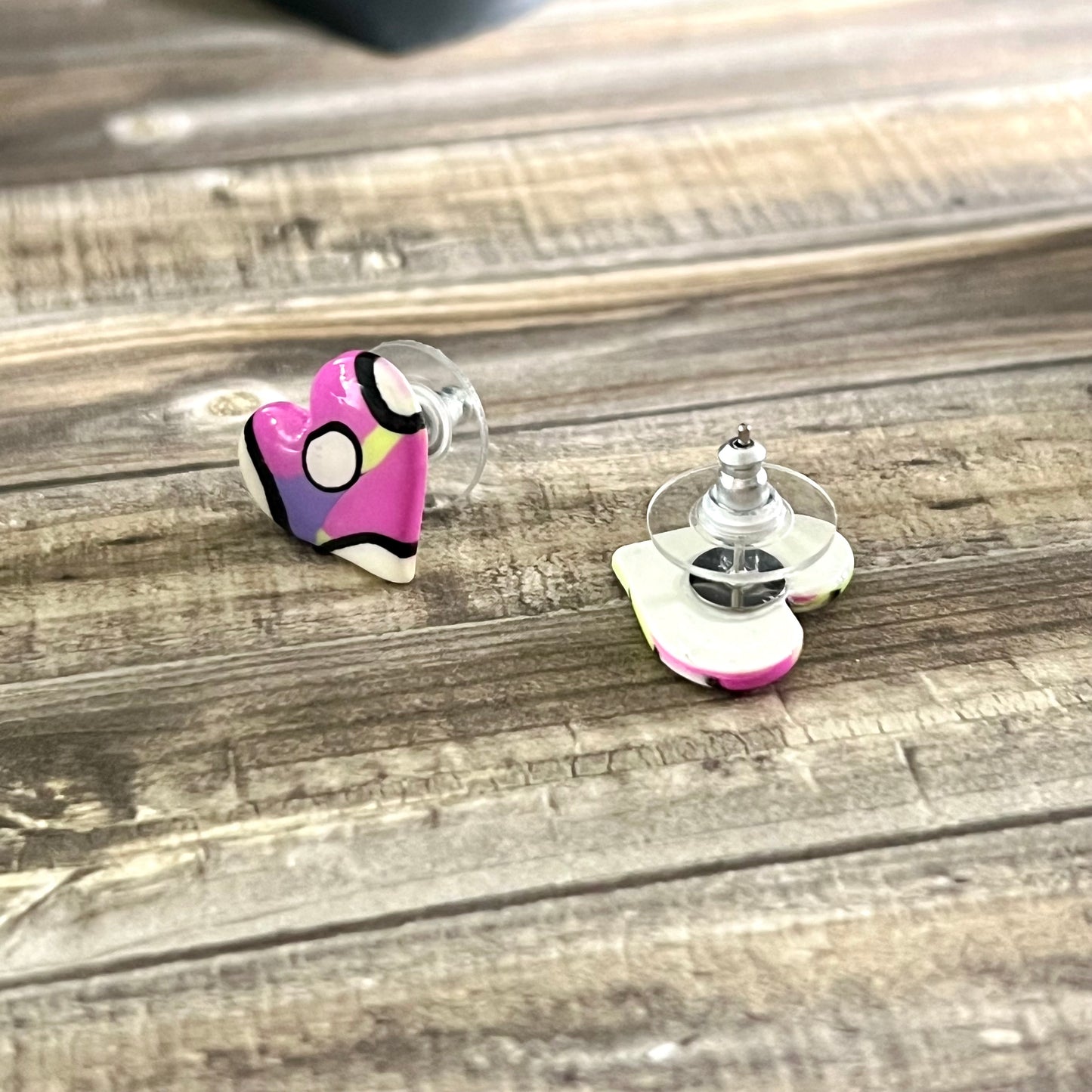 Small heart studs, pink green purple bubbles abstract, handmade earrings
