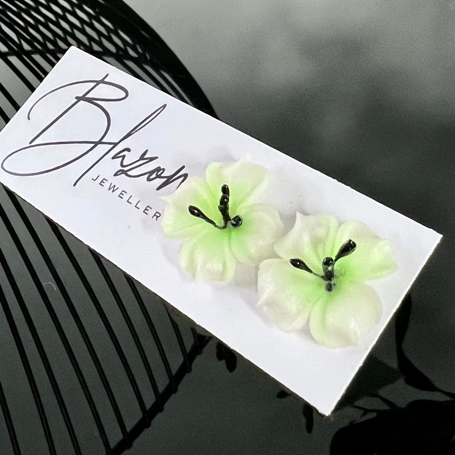 Delicate flower studs earrings, white, green, handmade earrings