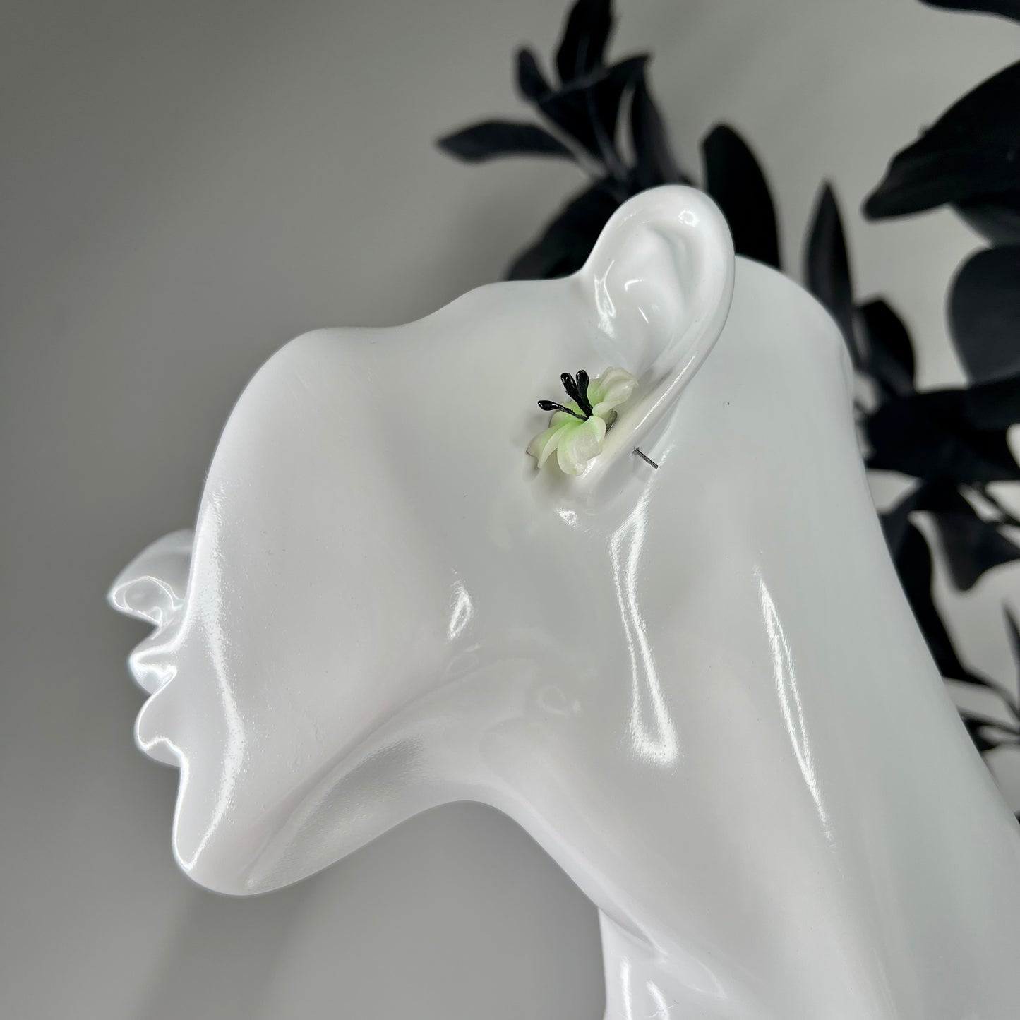 Delicate flower studs earrings, white, green, handmade earrings