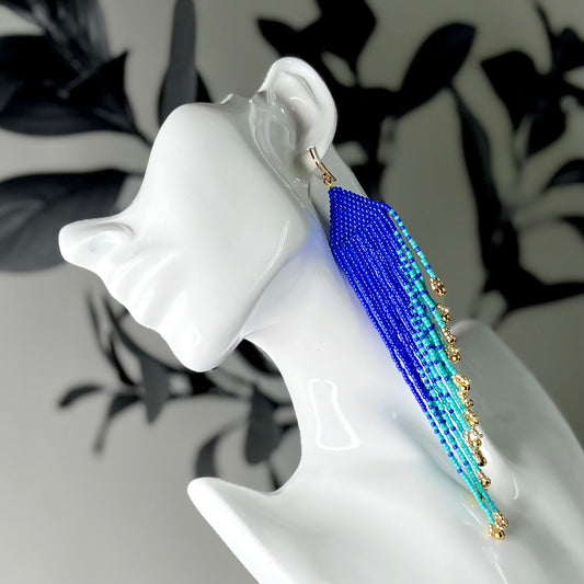 Hand-beaded earrings, luxury blue, aqua, gold fringe, shoulder dusters