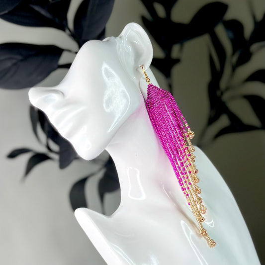 Hand-beaded earrings, luxury pink gold fringe, shoulder dusters