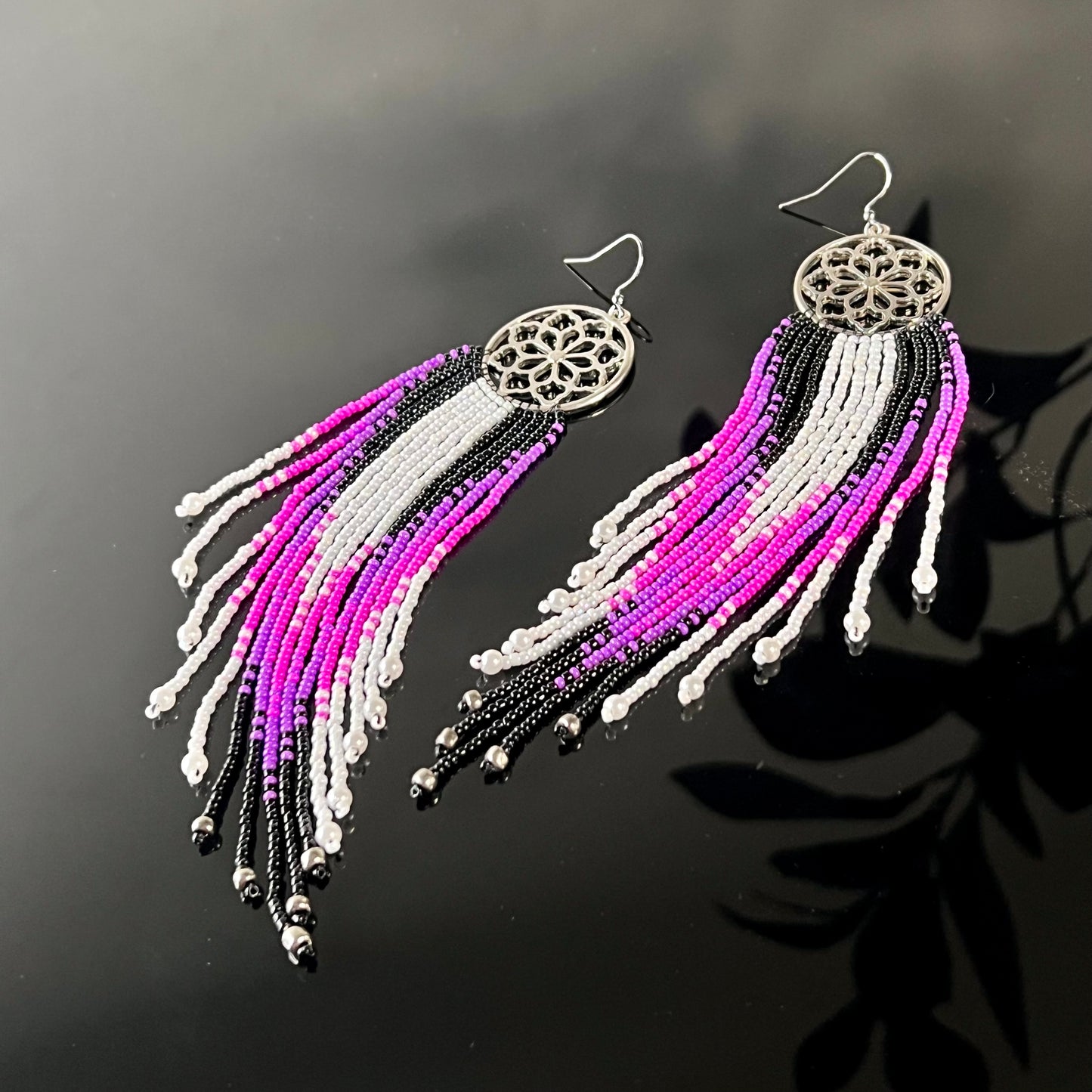 XL Hand-beaded earrings, luxury pink purple black white, dream catchers