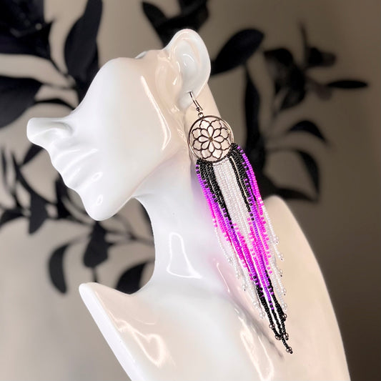 XL Hand-beaded earrings, luxury pink purple black white, dream catchers