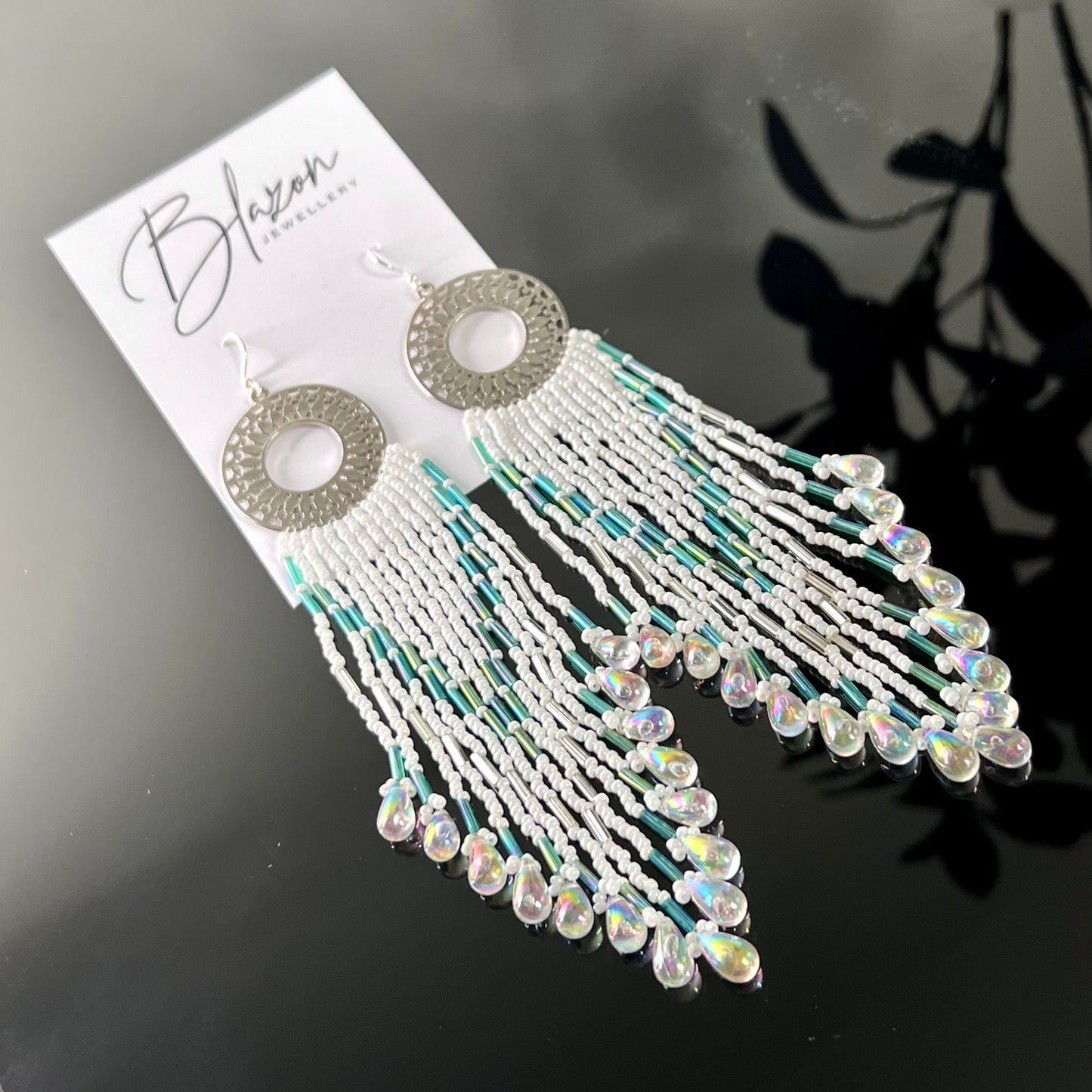 XL hand-beaded earrings, luxury white, silver, crystal, teal green