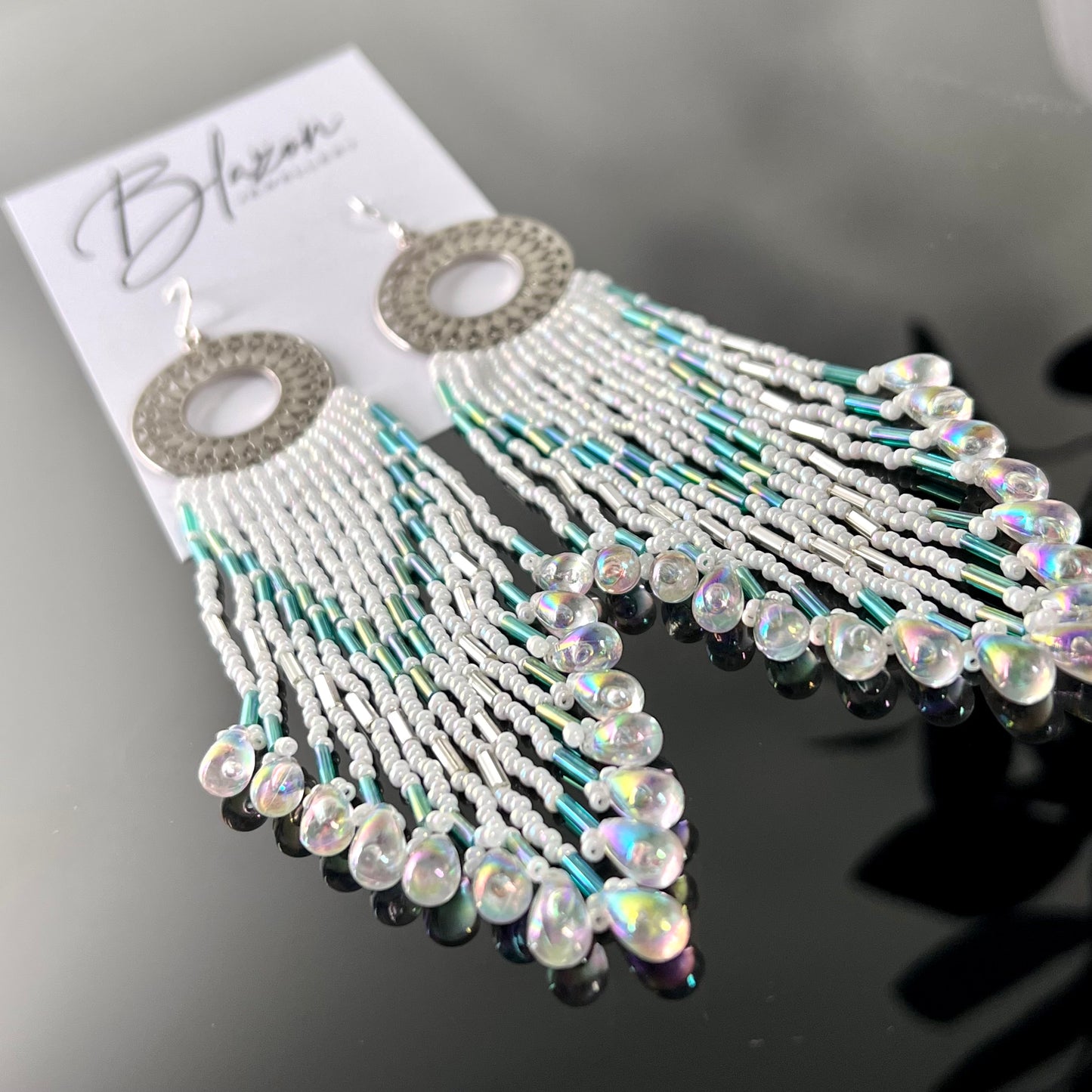 XL hand-beaded earrings, luxury white, silver, crystal, teal green