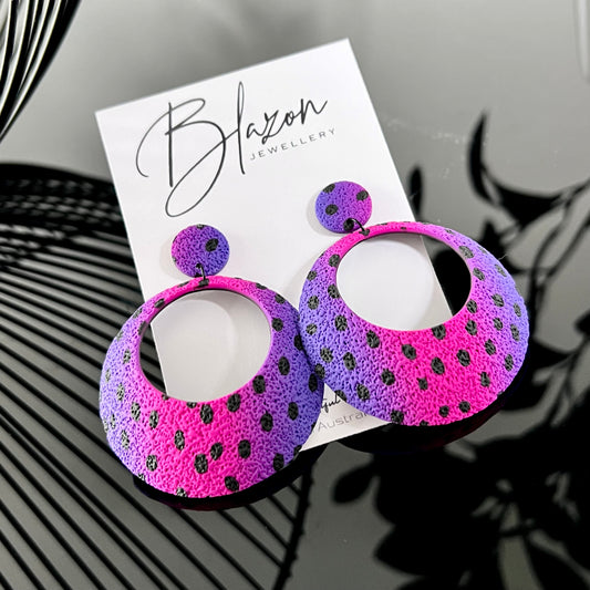 Extra large domed hoops, pink-purple, black spots, dangle earrings
