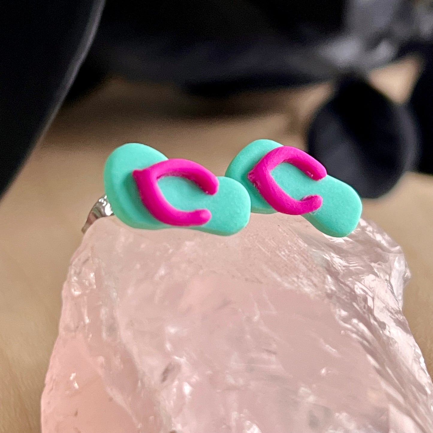 Thongs / flip flops studs, Fiji blue with pink, handmade earrings
