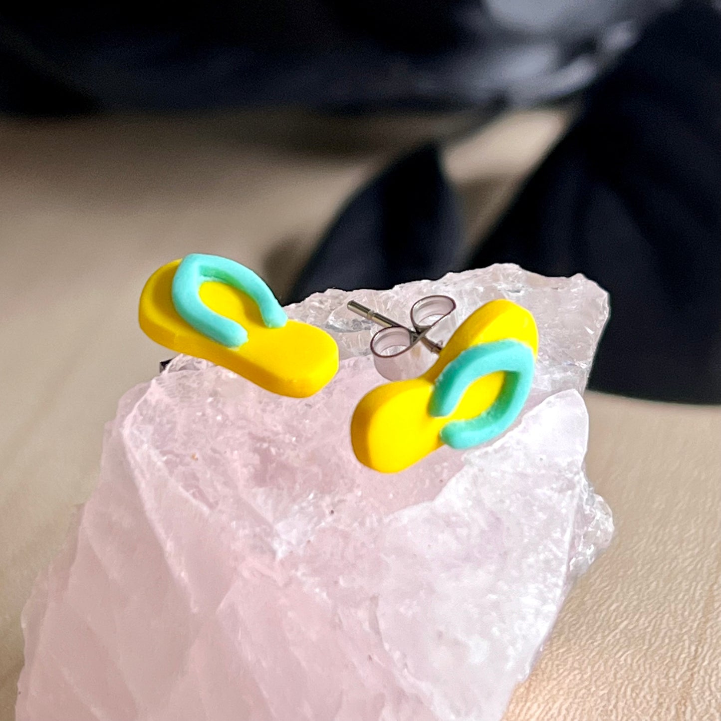 Thongs / flip flops studs, Yellow with Fiji blue, handmade earrings