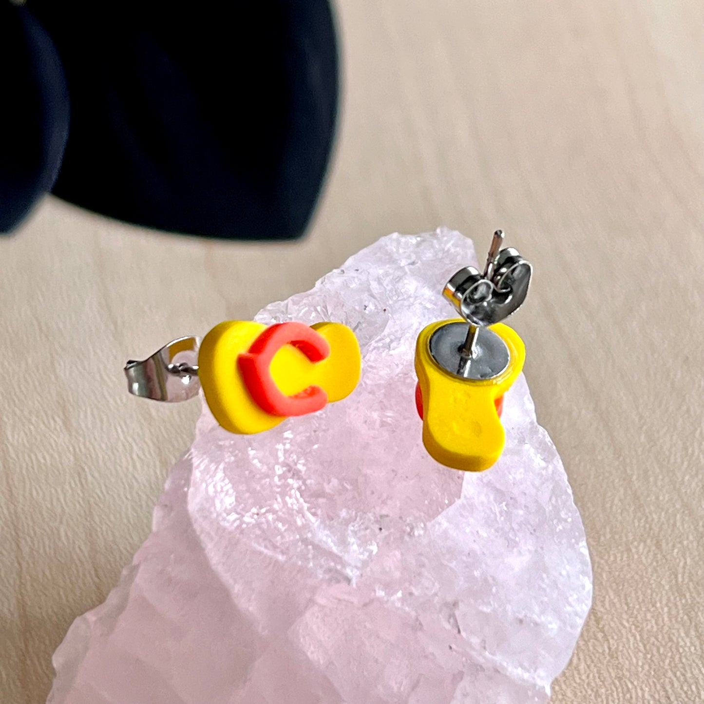 Thongs / flip flops studs, Yellow with orange, handmade earrings