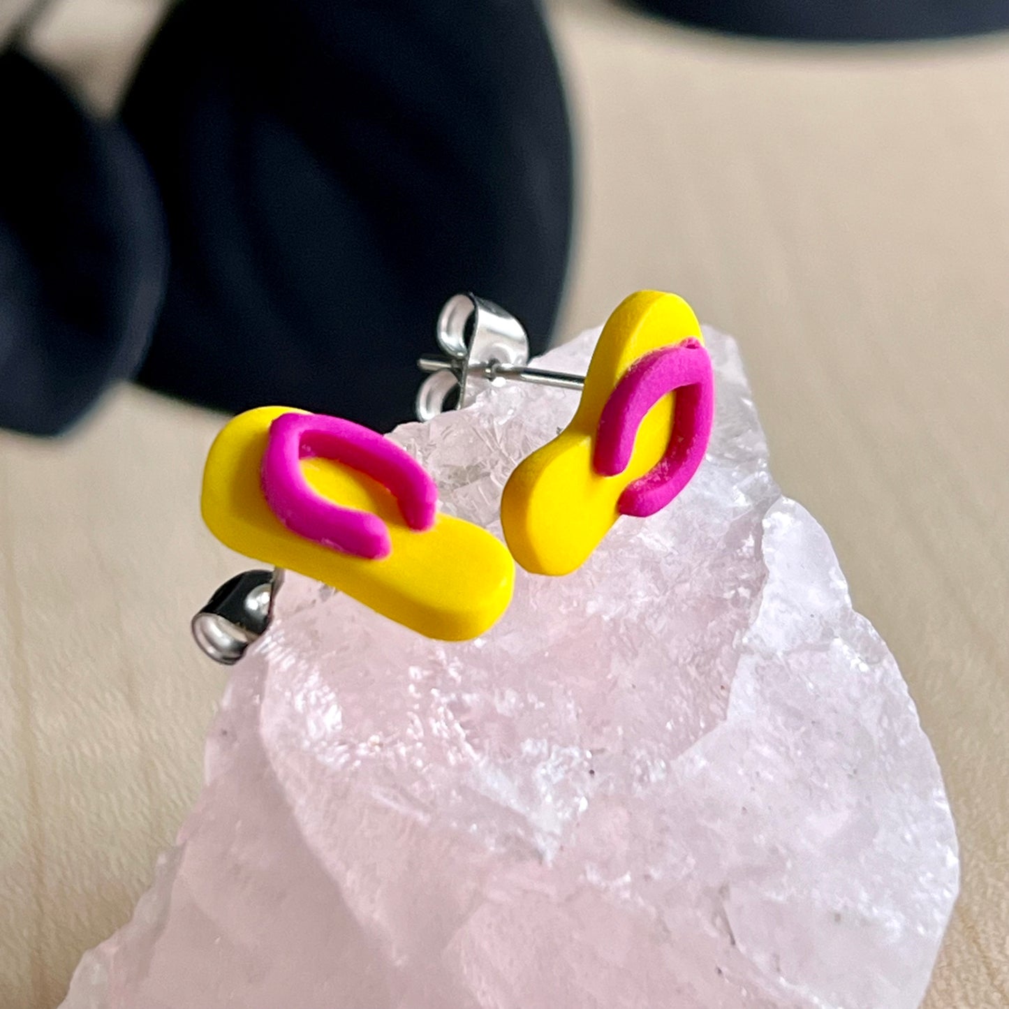 Thongs / flip flops studs, Yellow with dark pink, handmade earrings