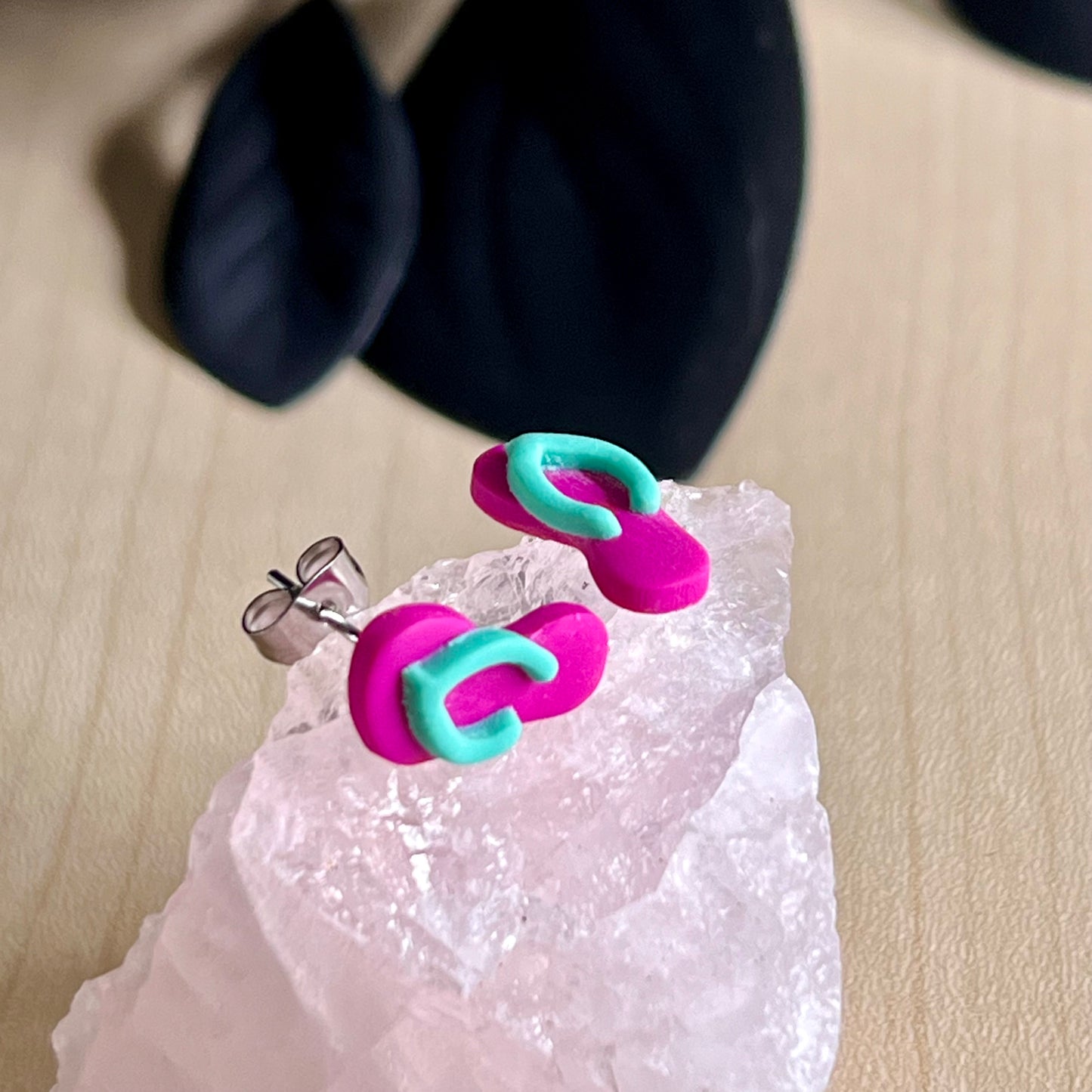Thongs / flip flops studs, dark pink with Fiji blue, handmade earrings
